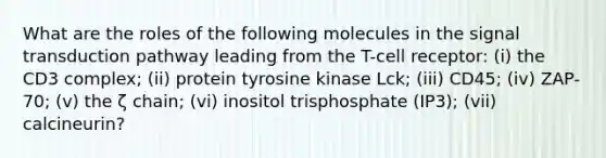 What are the roles of the following molecules in the <a href='https://www.questionai.com/knowledge/kcFvuxxeXU-signal-transduction' class='anchor-knowledge'>signal transduction</a> pathway leading from the T-cell receptor: (i) the CD3 complex; (ii) protein tyrosine kinase Lck; (iii) CD45; (iv) ZAP-70; (v) the ζ chain; (vi) inositol trisphosphate (IP3); (vii) calcineurin?