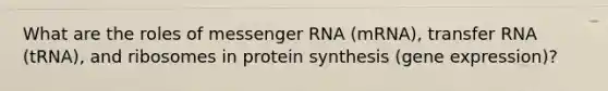 What are the roles of <a href='https://www.questionai.com/knowledge/kDttgcz0ig-messenger-rna' class='anchor-knowledge'>messenger rna</a> (mRNA), transfer RNA (tRNA), and ribosomes in protein synthesis (<a href='https://www.questionai.com/knowledge/kFtiqWOIJT-gene-expression' class='anchor-knowledge'>gene expression</a>)?