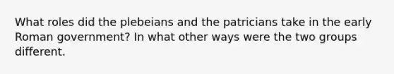 What roles did the plebeians and the patricians take in the early Roman government? In what other ways were the two groups different.