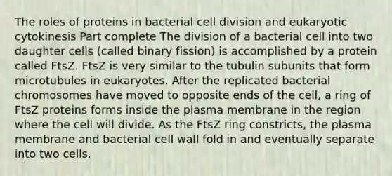 The roles of proteins in bacterial <a href='https://www.questionai.com/knowledge/kjHVAH8Me4-cell-division' class='anchor-knowledge'>cell division</a> and eukaryotic cytokinesis Part complete The division of a bacterial cell into two daughter cells (called binary fission) is accomplished by a protein called FtsZ. FtsZ is very similar to the tubulin subunits that form microtubules in eukaryotes. After the replicated bacterial chromosomes have moved to opposite ends of the cell, a ring of FtsZ proteins forms inside the plasma membrane in the region where the cell will divide. As the FtsZ ring constricts, the plasma membrane and bacterial cell wall fold in and eventually separate into two cells.