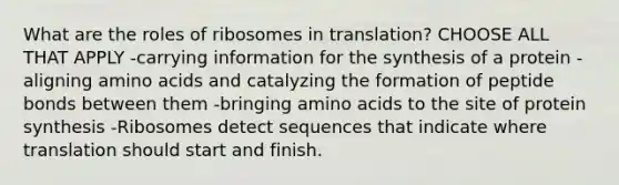 What are the roles of ribosomes in translation? CHOOSE ALL THAT APPLY -carrying information for the synthesis of a protein -aligning amino acids and catalyzing the formation of peptide bonds between them -bringing amino acids to the site of protein synthesis -Ribosomes detect sequences that indicate where translation should start and finish.