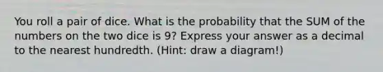 You roll a pair of dice. What is the probability that the SUM of the numbers on the two dice is 9? Express your answer as a decimal to the nearest hundredth. (Hint: draw a diagram!)