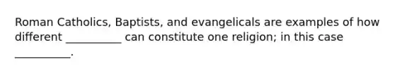 Roman Catholics, Baptists, and evangelicals are examples of how different __________ can constitute one religion; in this case __________.