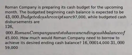 Roman Company is preparing its cash budget for the upcoming month. The budgeted beginning cash balance is expected to be 43,000. Budgeted cash receipts are97,000, while budgeted cash disbursements are 126,000. Roman Company wants to have an ending cash balance of45,000. How much would Roman Company need to borrow to achieve its desired ending cash balance? 16,00014,000 31,00059,000