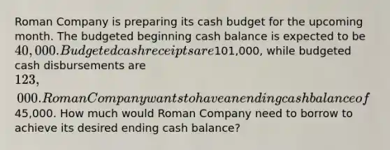 Roman Company is preparing its <a href='https://www.questionai.com/knowledge/k5eyRVQLz3-cash-budget' class='anchor-knowledge'>cash budget</a> for the upcoming month. The budgeted beginning cash balance is expected to be 40,000. Budgeted cash receipts are101,000, while budgeted cash disbursements are 123,000. Roman Company wants to have an ending cash balance of45,000. How much would Roman Company need to borrow to achieve its desired ending cash balance?