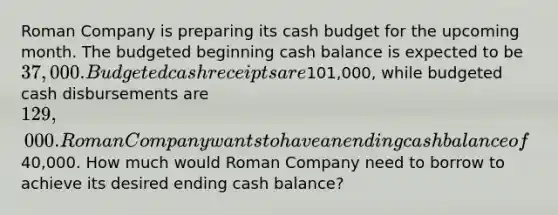 Roman Company is preparing its <a href='https://www.questionai.com/knowledge/k5eyRVQLz3-cash-budget' class='anchor-knowledge'>cash budget</a> for the upcoming month. The budgeted beginning cash balance is expected to be​ 37,000. Budgeted cash receipts are​101,000, while budgeted cash disbursements are​ 129,000. Roman Company wants to have an ending cash balance of​40,000. How much would Roman Company need to borrow to achieve its desired ending cash​ balance?