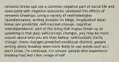 romantic break-ups are a common negative part of social life and associated with negative outcomes -assessed the effects of romantic breakups using a variety of methodologies (questionnaires, writing analysis on blogs, longitudinal data) -break ups predicted -self-concept change- cognitive interdependence, part of the thing that makes break up so upsetting is that your self-concept changes. you may be more unsure about who you are than before -self-concpet clarity change -these changes predicted emotional distress -people writing about breakup were more likely to use words such as I don't know, I'm confused, I'm unsure -people who experience breakup had less clear image of self.