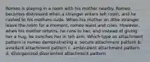 Romeo is playing in a room with his mother nearby. Romeo becomes distressed when a stranger enters teh room, and he rushed to his mothers sude. When his mother an dthe stranger leave the room for a moment, romeo waist and cries. However, when his mother returns, he runs to her, and instead of giving her a hug, he ounches her in teh arm. Which type os attachment pattern is romeo demonstrating a. secure attachment pattern b. avoidant attachment pattern c. ambivalent attachment pattern d. disorganized disoriented attachment pattern