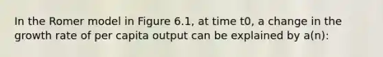 In the Romer model in Figure 6.1, at time t0, a change in the growth rate of per capita output can be explained by a(n):