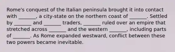 Rome's conquest of the Italian peninsula brought it into contact with _______, a city-state on the northern coast of _______. Settled by _______ and _______ traders, _______ ruled over an empire that stretched across _______ and the western _______, including parts of _______. As Rome expanded westward, conflict between these two powers became inevitable.