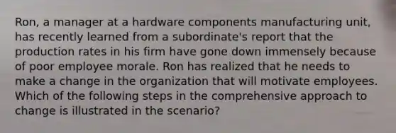 Ron, a manager at a hardware components manufacturing unit, has recently learned from a subordinate's report that the production rates in his firm have gone down immensely because of poor employee morale. Ron has realized that he needs to make a change in the organization that will motivate employees. Which of the following steps in the comprehensive approach to change is illustrated in the scenario?