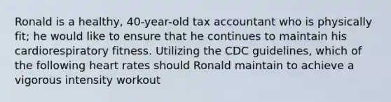 Ronald is a healthy, 40-year-old tax accountant who is physically fit; he would like to ensure that he continues to maintain his cardiorespiratory fitness. Utilizing the CDC guidelines, which of the following heart rates should Ronald maintain to achieve a vigorous intensity workout