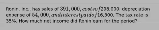 Ronin, Inc., has sales of 391,000, costs of298,000, depreciation expense of 54,000, and interest paid of16,300. The tax rate is 35%. How much net income did Ronin earn for the period?