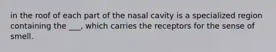 in the roof of each part of the nasal cavity is a specialized region containing the ___, which carries the receptors for the sense of smell.