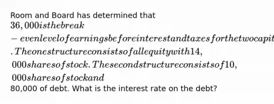 Room and Board has determined that 36,000 is the break-even level of earnings before interest and taxes for the two capital structures it is considering. The one structure consists of all equity with 14,000 shares of stock. The second structure consists of 10,000 shares of stock and80,000 of debt. What is the interest rate on the debt?