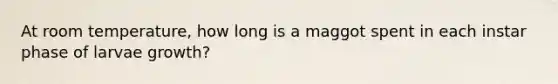 At room temperature, how long is a maggot spent in each instar phase of larvae growth?