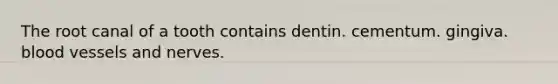 The root canal of a tooth contains dentin. cementum. gingiva. blood vessels and nerves.