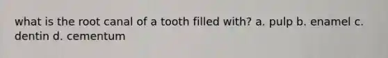 what is the root canal of a tooth filled with? a. pulp b. enamel c. dentin d. cementum