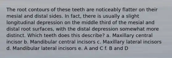 The root contours of these teeth are noticeably flatter on their mesial and distal sides. In fact, there is usually a slight longitudinal depression on the middle third of the mesial and distal root surfaces, with the distal depression somewhat more distinct. Which teeth does this describe? a. Maxillary central incisor b. Mandibular central incisors c. Maxillary lateral incisors d. Mandibular lateral incisors e. A and C f. B and D