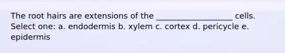 The root hairs are extensions of the ___________________ cells. Select one: a. endodermis b. xylem c. cortex d. pericycle e. epidermis