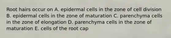 Root hairs occur on A. epidermal cells in the zone of <a href='https://www.questionai.com/knowledge/kjHVAH8Me4-cell-division' class='anchor-knowledge'>cell division</a> B. epidermal cells in the zone of maturation C. parenchyma cells in the zone of elongation D. parenchyma cells in the zone of maturation E. cells of the root cap