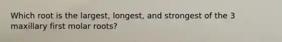 Which root is the largest, longest, and strongest of the 3 maxillary first molar roots?