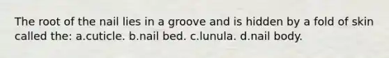 The root of the nail lies in a groove and is hidden by a fold of skin called the: a.cuticle. b.nail bed. c.lunula. d.nail body.