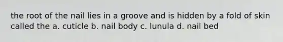 the root of the nail lies in a groove and is hidden by a fold of skin called the a. cuticle b. nail body c. lunula d. nail bed