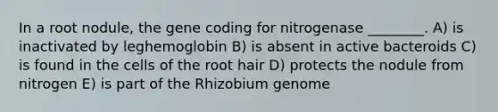 In a root nodule, the gene coding for nitrogenase ________. A) is inactivated by leghemoglobin B) is absent in active bacteroids C) is found in the cells of the root hair D) protects the nodule from nitrogen E) is part of the Rhizobium genome