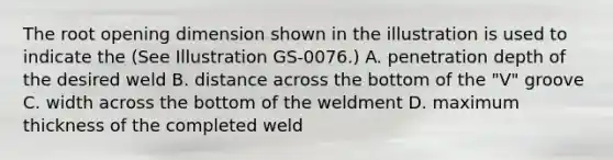 The root opening dimension shown in the illustration is used to indicate the (See Illustration GS-0076.) A. penetration depth of the desired weld B. distance across the bottom of the "V" groove C. width across the bottom of the weldment D. maximum thickness of the completed weld