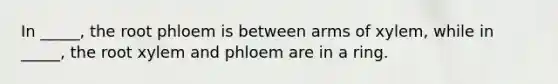 In _____, the root phloem is between arms of xylem, while in _____, the root xylem and phloem are in a ring.