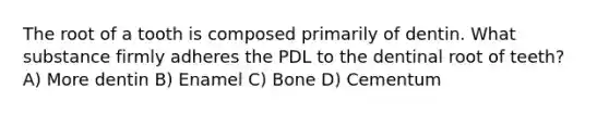 The root of a tooth is composed primarily of dentin. What substance firmly adheres the PDL to the dentinal root of teeth? A) More dentin B) Enamel C) Bone D) Cementum