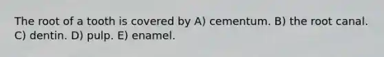 The root of a tooth is covered by A) cementum. B) the root canal. C) dentin. D) pulp. E) enamel.