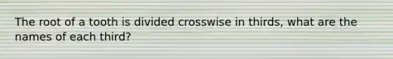 The root of a tooth is divided crosswise in thirds, what are the names of each third?