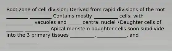 Root zone of <a href='https://www.questionai.com/knowledge/kjHVAH8Me4-cell-division' class='anchor-knowledge'>cell division</a>: Derived from rapid divisions of the root _________ _________ Contains mostly __________ cells, with ___________ vacuoles and ______central nuclei •Daughter cells of _______ __________ Apical meristem daughter cells soon subdivide into the 3 primary tissues __________, ____________, and _____________