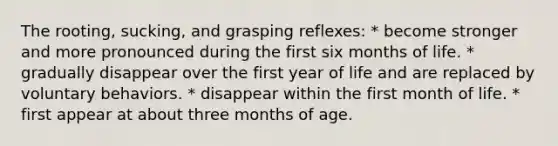 The rooting, sucking, and grasping reflexes: * become stronger and more pronounced during the first six months of life. * gradually disappear over the first year of life and are replaced by voluntary behaviors. * disappear within the first month of life. * first appear at about three months of age.