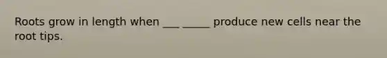 Roots grow in length when ___ _____ produce new cells near the root tips.