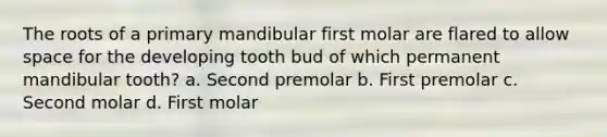 The roots of a primary mandibular first molar are flared to allow space for the developing tooth bud of which permanent mandibular tooth? a. Second premolar b. First premolar c. Second molar d. First molar