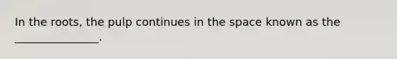 In the roots, the pulp continues in the space known as the _______________.