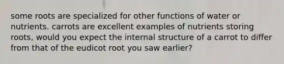 some roots are specialized for other functions of water or nutrients. carrots are excellent examples of nutrients storing roots, would you expect the internal structure of a carrot to differ from that of the eudicot root you saw earlier?