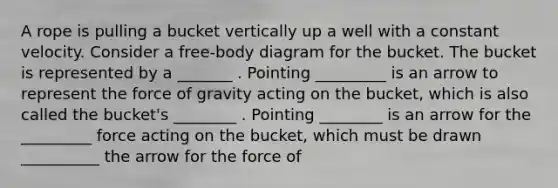 A rope is pulling a bucket vertically up a well with a constant velocity. Consider a free-body diagram for the bucket. The bucket is represented by a _______ . Pointing _________ is an arrow to represent the force of gravity acting on the bucket, which is also called the bucket's ________ . Pointing ________ is an arrow for the _________ force acting on the bucket, which must be drawn __________ the arrow for the force of