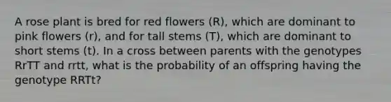 A rose plant is bred for red flowers (R), which are dominant to pink flowers (r), and for tall stems (T), which are dominant to short stems (t). In a cross between parents with the genotypes RrTT and rrtt, what is the probability of an offspring having the genotype RRTt?