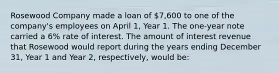 Rosewood Company made a loan of 7,600 to one of the company's employees on April 1, Year 1. The one-year note carried a 6% rate of interest. The amount of interest revenue that Rosewood would report during the years ending December 31, Year 1 and Year 2, respectively, would be: