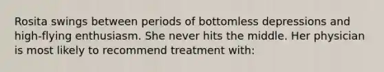 Rosita swings between periods of bottomless depressions and high-flying enthusiasm. She never hits the middle. Her physician is most likely to recommend treatment with: