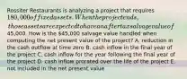 Rossiter Restaurants is analyzing a project that requires 180,000 of fixed assets. When the project ends, those assets are expected to have an aftertax salvage value of45,000. How is the 45,000 salvage value handled when computing the net present value of the project? A. reduction in the cash outflow at time zero B. cash inflow in the final year of the project C. cash inflow for the year following the final year of the project D. cash inflow prorated over the life of the project E. not included in the net present value