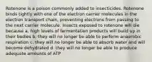 Rotenone is a poison commonly added to insecticides. Rotenone binds tightly with one of the electron carrier molecules in the electron transport chain, preventing electrons from passing to the next carrier molecule. Insects exposed to rotenone will die because a. high levels of fermentation products will build up in their bodies b. they will no longer be able to perform anaerobic respiration c. they will no longer be able to absorb water and will become dehydrated d. they will no longer be able to produce adequate amounts of ATP