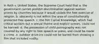 In Roth v. United States, the Supreme Court held that a. the government cannot prohibit discrimination against women priests by churches because it would violate the free exercise of religion. b. obscenity is not within the area of constitutionally protected free speech. c. the film Carnal Knowledge, which had critical acclaim but a sexual theme and explicit scenes, could not be banned. d. the possession of child pornography was not covered by any right to free speech or press, and could be made a crime. e. outdoor drive-ins could not be barred from showing a film that included nudity.