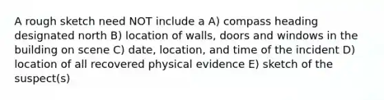 A rough sketch need NOT include a A) compass heading designated north B) location of walls, doors and windows in the building on scene C) date, location, and time of the incident D) location of all recovered physical evidence E) sketch of the suspect(s)