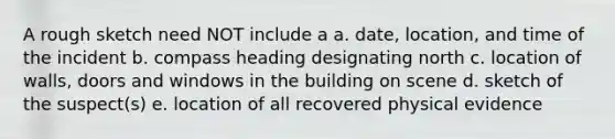 A rough sketch need NOT include a a. date, location, and time of the incident b. compass heading designating north c. location of walls, doors and windows in the building on scene d. sketch of the suspect(s) e. location of all recovered physical evidence