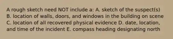 A rough sketch need NOT include a: A. sketch of the suspect(s) B. location of walls, doors, and windows in the building on scene C. location of all recovered physical evidence D. date, location, and time of the incident E. compass heading designating north